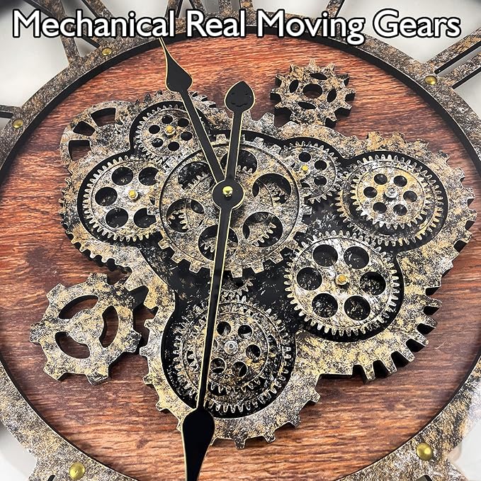 DORBOKER 40'' Large Wall Clock Real Moving Gears Oversized Industrial Solid Wood Rusic Farmhouse Clocks for Living Room Wall Decor Home Office, 40 inch 101cm, Brown and Vintage