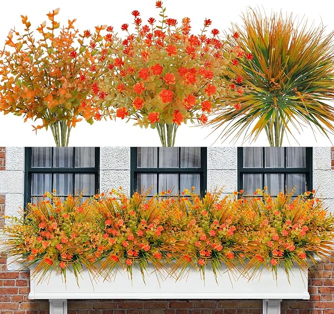 Uieke 20 Bundles Artificial Fall Flowers Outdoor UV Resistant Fake Autumn Flowers No Fade Faux Plastic Plants Thanksgiving Garden Window Box Farmhouse Décor