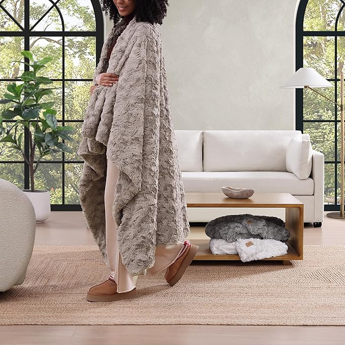 UGG Faux Fur Brown Throw Blankets for Bed, Fuzzy Blanket, Luxury Throws for Couch, Hypoallergenic Double-Sided, Cozy Cute Fall Decor, 50-inch x 70-inch, Oyster Brown (Adalee)
