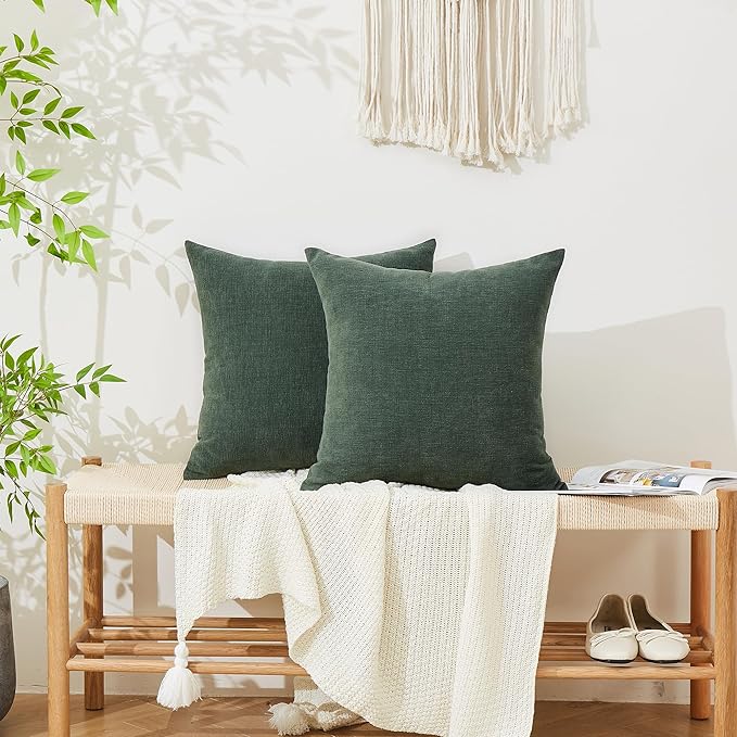 GAWAMAY Decorative Square Throw Pillow Covers 20"x20" Inch Set of 2, Super Soft Chenille Pillows Farmhouse Pillowcase for Living Room Bedroom Sofa Couch Cushion Cover Dark Green 50x50cm (No Insert)