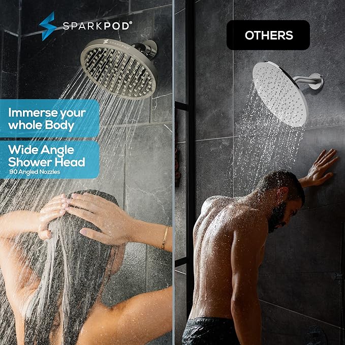 SparkPod Shower Head - High Pressure Rain - Premium Quality Luxury Design - 1-Min Install - Easy Clean Adjustable Replacement for Your Bathroom Shower Heads (Elegant Brushed Nickel, 8 Inch Round)