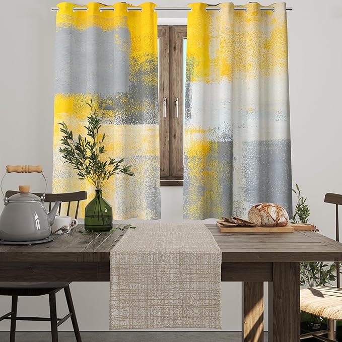 Yellow Window Curtain Yellow Grey Abstract Thermal Insulating Drapes Rust Art Treatment Drapes Modern Curtains for Living Room Bedroom Hotel, 26" x 36", 2 Panels