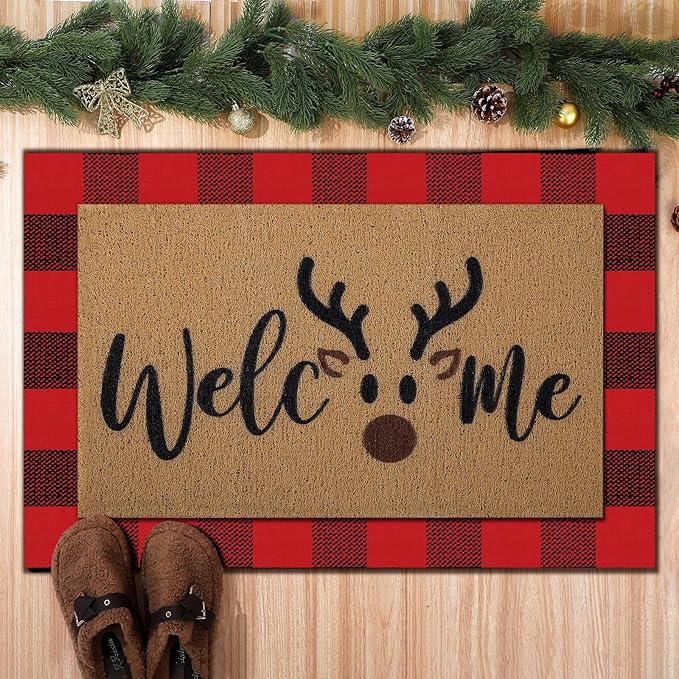 2 Pcs Christmas Door Mat Brown Elk Welcome Non Slip Coir Mats Merry Xmas Black Red Buffalo Plaid Floor Layering Doormats Seasonal for Front Porch Entryway Decor(Brown Elk)