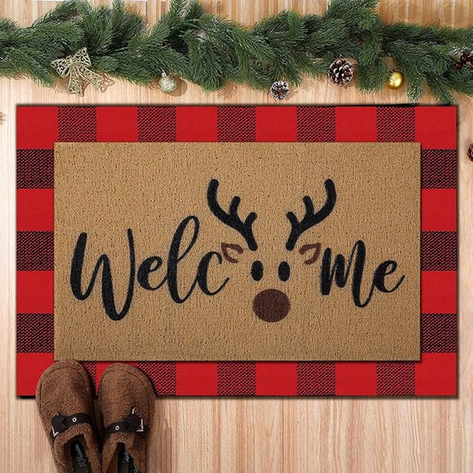 2 Pcs Christmas Door Mat Brown Elk Welcome Non Slip Coir Mats Merry Xmas Black Red Buffalo Plaid Floor Layering Doormats Seasonal for Front Porch Entryway Decor(Brown Elk)