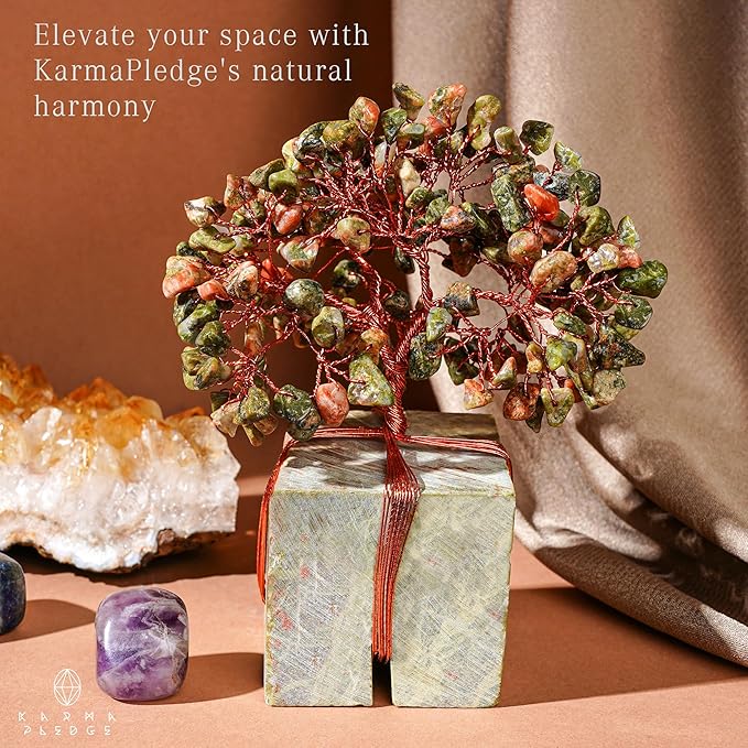 Crystal Tree for Birthday Gifts for Women, Handmade Raw Crystal Base Unakite Chakra Healing Crystal Tree of Life for Positive Energy, Money, Good Luck, Christmas Décor, Home and Office Decor