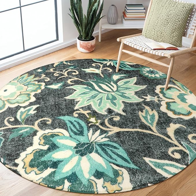 Lahome Floral 4Ft Round Rug - Washable Soft Boho Circle Rug for bedroom Non-Slip Throw Area Rug Round Kitchen Rugs, Blue Paisley Print Floor Round Rugs for Office Bathroom Entryway Nursery Living Room