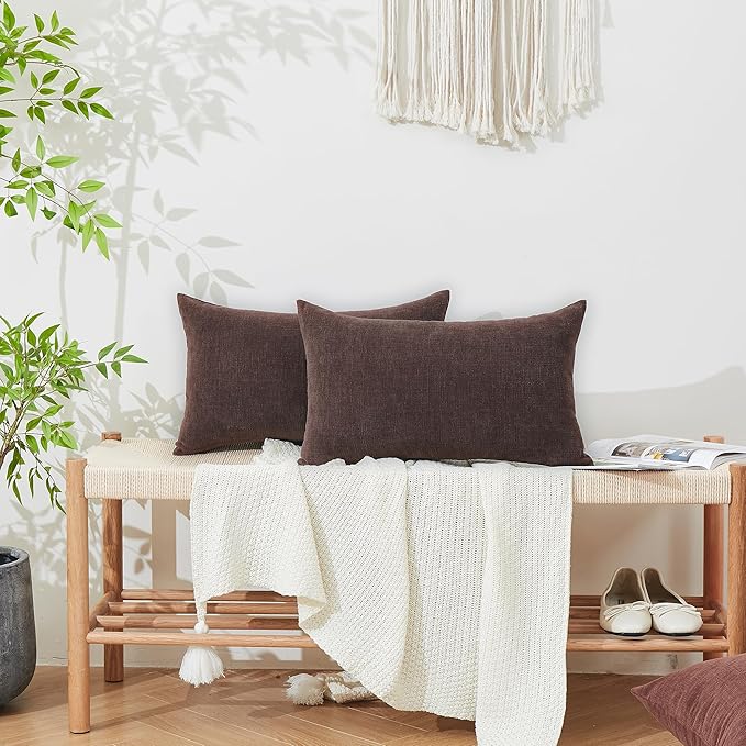 GAWAMAY Lumbar Decorative Throw Pillow Covers 12"x20" Inch Set of 2, Super Soft Chenille Rectangle Pillowcase for Living Room Bedroom Sofa Couch Cushion Support Pillow Cover 30x50cm Coffee (No Insert)