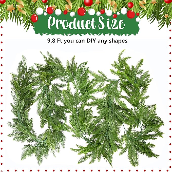 Watayo 9.8 Ft Christmas Norfolk Pine Garland- 3 Fork Norfolk Pine Natural Touch Garland- Artificial Pine Greenery Garland for Christmas Table Fireplace Wall Home Decoration
