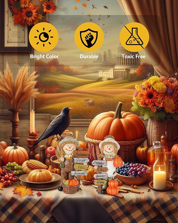 2-Pack Thanksgiving Scarecrow Figurines with Inspirational Autumn Plaques - Durable Resin 5.5'' Thanksgiving Table Decor - Fall Decorations Indoor Outdoor Harvest Gifts (Scarecrows)