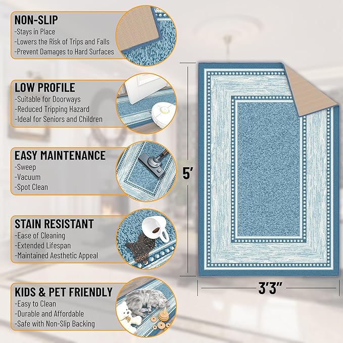 Ottomanson 3'3" x 5' Rugs for Living Room Border Area Rug for Bedroom - Non Slip Durable Large Floor Carpet for High Traffic Areas - Indoor Rug for Dining Room Kitchen Kids Playroom, Turquoise