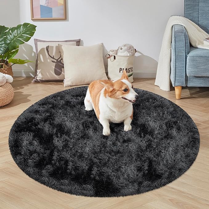 4x4 ft Tie Dye Black Round Rug for Bedroom Room Fluffy Circle Rug Furry Carpet Shaggy Circular Fuzzy Washable Non-Slip Large Area Rug Soft Indoor for Living Room Cute Aesthetic Home Decor