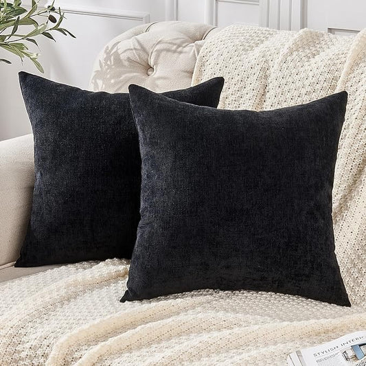 GAWAMAY Decorative Square Throw Pillow Covers 20"x20" Inch Set of 2, Super Soft Chenille Pillows Farmhouse Fall Pillowcase for Living Room Bedroom Sofa Couch Cushion Cover Black 50x50cm (No Insert)