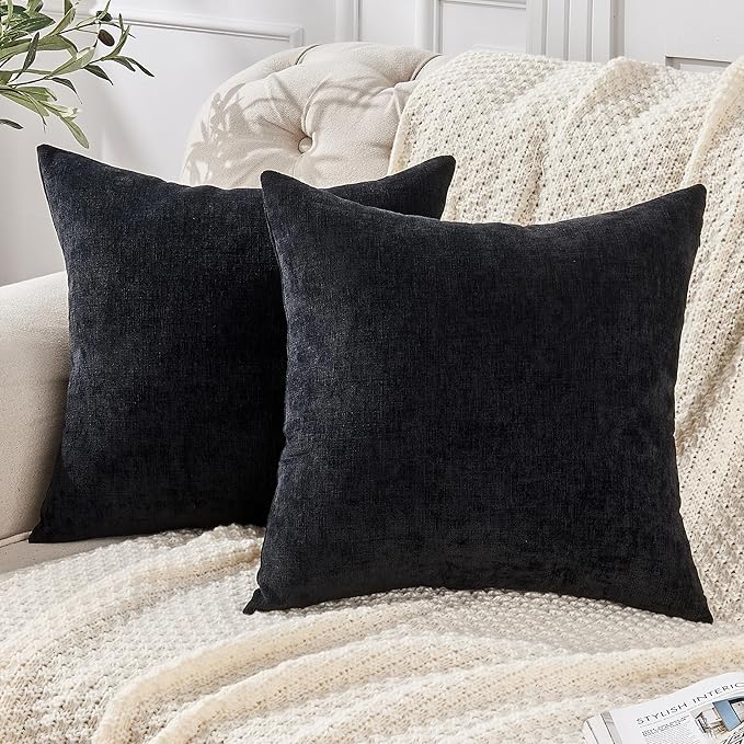 GAWAMAY Decorative Square Throw Pillow Covers 18"x18" Inch Set of 2, Super Soft Chenille Pillows Farmhouse Fall Pillowcase for Living Room Bedroom Sofa Couch Cushion Cover Black 45x45cm (No Insert)