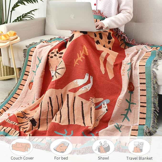 Boho Throw Blanket Reversible Cotton Bohemian Tapestry Hippie Room Decor Outdoor Blanket Double Sided (Boho Leopard 50"x60")