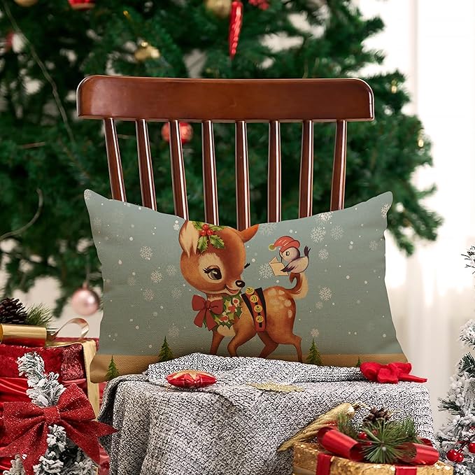 Blue Linen Christmas Pillow Covers - 12x20 Inch, Winter Deer Xmas Throw Pillows - 12 Pack, Outdoor Couch Home Decor
