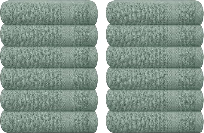 GLAMBURG Ultra Soft 12-Piece Washcloths Set 13x13-100% Ringspun Cotton - Durable & Highly Absorbent Face Towels - Ideal for use in Bathroom, Kitchen, Gym, Spa & General Cleaning - Jade