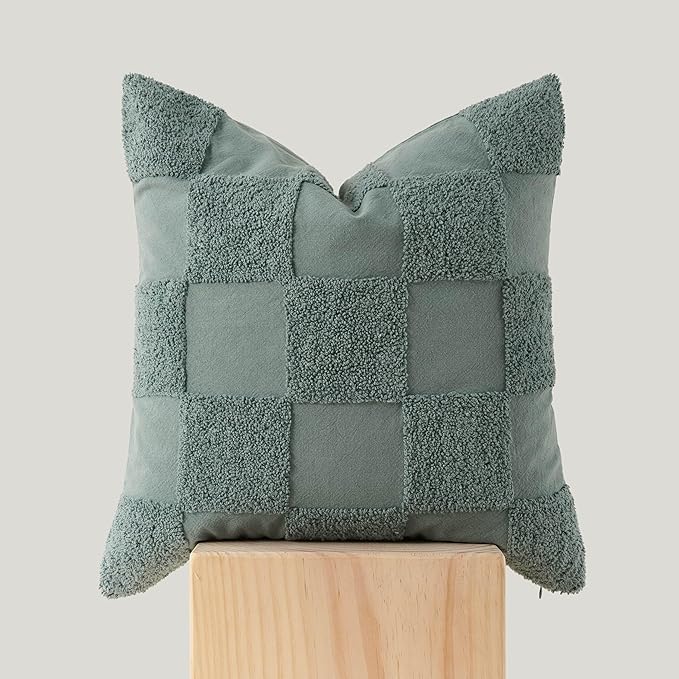 Double Stitch Checkered Throw Pillow Covers - 100% Cotton Tufted Boho Decorative Pillow Covers 20x20, Made in India, Square Cushion Case, Modern Home Decor for Couch, Sofa, Living Room, Chinois Green
