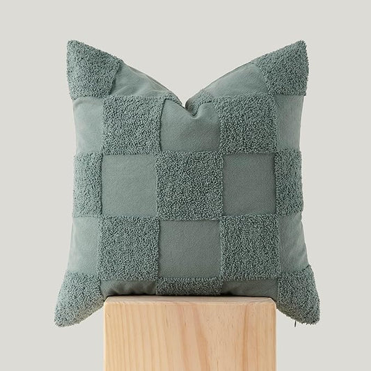 Double Stitch Checkered Throw Pillow Covers - 100% Cotton Tufted Boho Decorative Pillow Covers 20x20, Made in India, Square Cushion Case, Modern Home Decor for Couch, Sofa, Living Room, Chinois Green