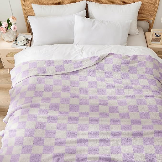 JOOJA Soft Cozy Checkerboard Lilac Blanket - Fluffy Knit Throw Blanket for Couch - Plaid Checkered - 60x80 in