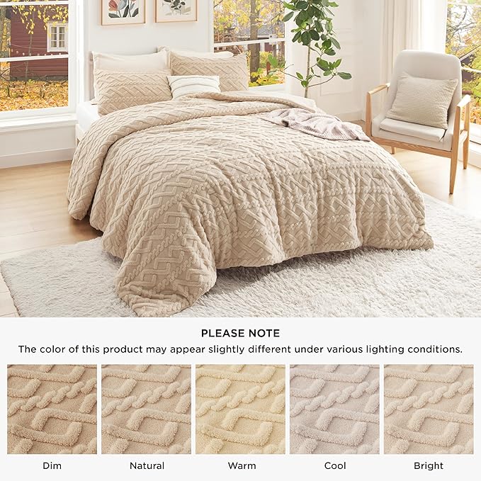 Bedsure King Size Fluffy Comforter Set, Warm Sand Plush Fleece Bed Set King, Luxury Jacquard Farmhouse Boho Soft Warm Bedding for Winter, 1 Comforter (104"x90") and 2 Pillowcases (20"x36")