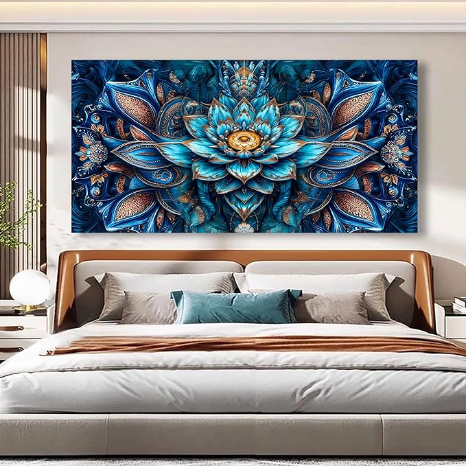 Blue Abstract Wall Art Bedroom Wall Decor Living Room,Lotus Flower Pattern of Design Canvas Wall Art Office Farmhouse Paintings Artwork Modern Golden Teal Boho Wall Art Prints Pictures 20 * 40inch