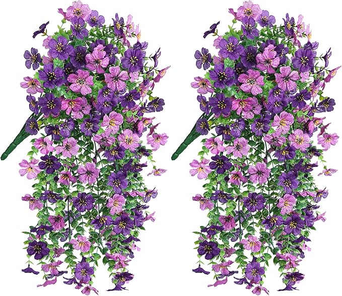 HyeFlora Artificial Flowers for Outdoors Decoration, 2Pcs Dark Purple and Purple Fake Hanging Flowers, UV & Fading Resistant, Faux Decor for Porch Patio Balcony Planter
