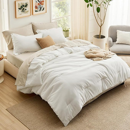 Bedsure Twin XL Comforter Set - Extra Long 5 Pieces White Twin XL Bedding Set for All Seasons, Boho Contrasting Design Bed in a Bag with Comforter, Sheets, Pillowcase & Sham