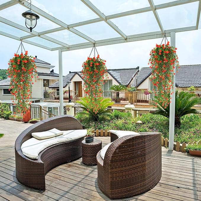 SJL Fall Artificial Hanging Plant Fall Faux Eucalyptus Leaf Fake Hanging Vines UV Resistant Fake Mums for Outdoors Faux Autumn Plants for Home Indoor Outdoor Thanksgiving Decor (Orange)