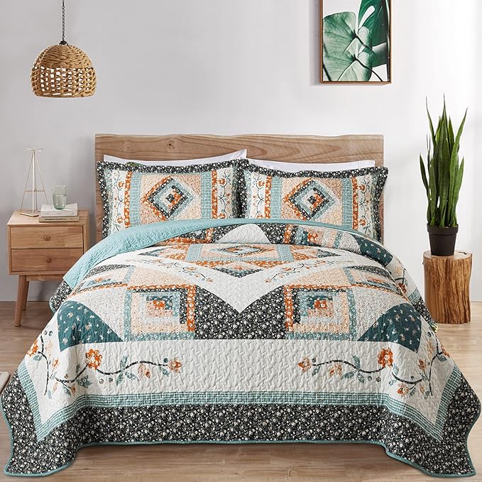 VAPUTAR Quilt King Size Bedding Set - 3 Pieces King Quilt Bedding Set, Boho King Size Quilt, Lightweight Reversible Coverlet Bedspread for Farmhouse Bedroom (Floral)