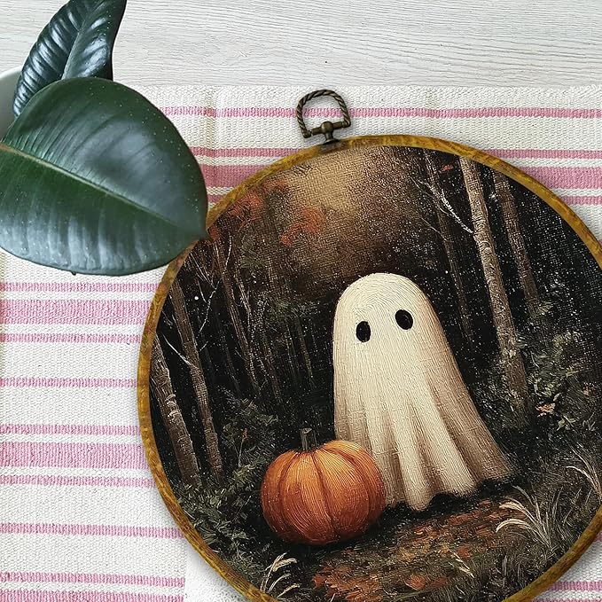 Mcehtle Vintage Halloween Dark Forest With Ghosts Wall Art Decor, Rustic Farmhouse Cottagecore Framed Canvas Prints 10x10, Dark Academia Round Wall Hanging Artwork Decorations for Bedroom Gallery