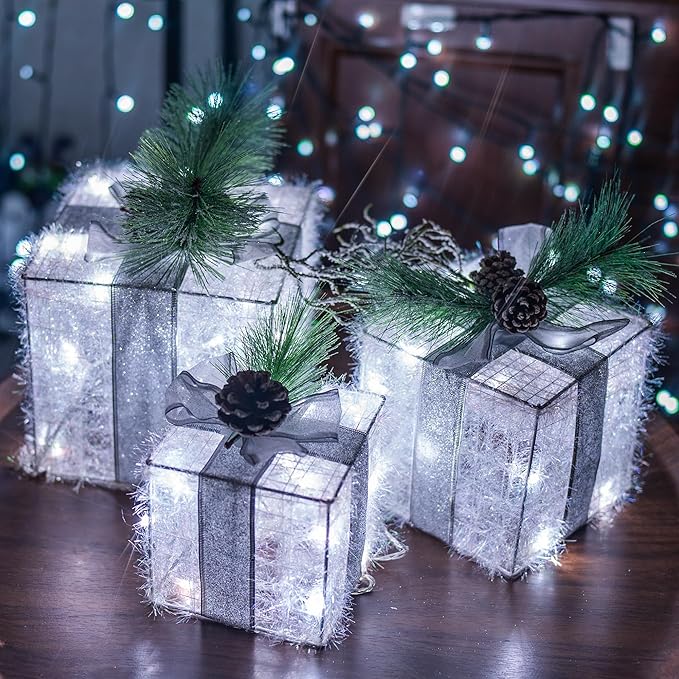Hourleey Set of 3 Christmas Lighted Gift Boxes, Pre-lit 60 LED Light Up Present Boxes Ornament Outdoor White Tinsel Boxes Decoration for Indoor Christmas Home Yard Lawn Decor