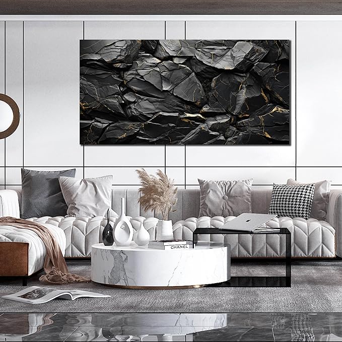 Black Stone with Golden Vein Canvas Wall Art for Living Room, Smooth Flat Rock Picture Wall-Decor for Bedroom, Canvas Printed Artwork Decoration for Office, Large Size 59x29 Inches (Not 3D or Textured)
