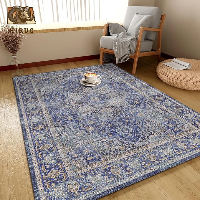 Washable Area Rug 5' x 7' Vintage Traditional Persian Mat - Foldable Distressed Non-Slip Machine Washable Carpet for Living Room Bedroom Kitchen Home Decor - Indigo and Gold