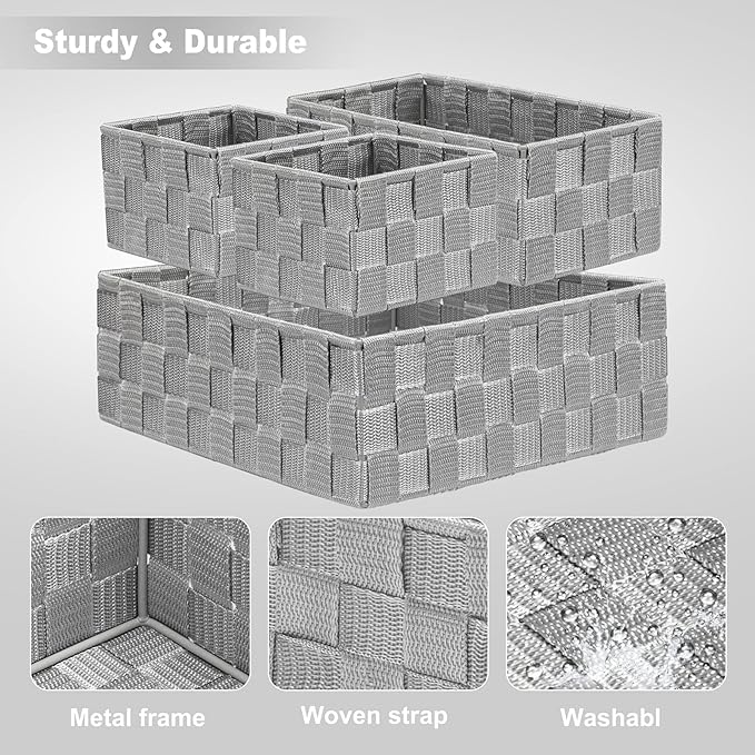 Posprica Drawer Organizer Bins,Woven Strap Storage Box Cube Basket Containers Divider for Organizing drawers, Shelves, Closets, Cabinets, Dressers and Countertops,set of 4, Light Grey