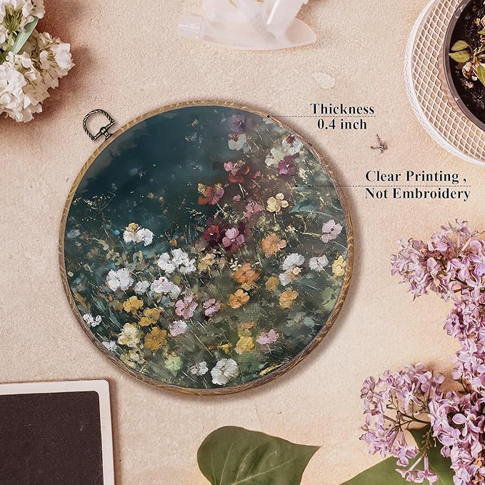 FUGWN Dark Cottagecore Moody Wildflower Round Wall Art Decor Framed, Vintage Flower Botanical Canvas Artwork Prints, Retro Colorful Floral Wall Hanging Decorations for Home Bedroom Room, 10x10 Inch