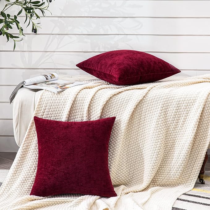 GAWAMAY Decorative Throw Pillow Covers 16x16 Inch Set of 2, Super Soft Chenille Square Pillows Farmhouse Fall Pillowcase for Living Room Bedroom Sofa Couch Cushion Cover Burgundy Red 40x40cm