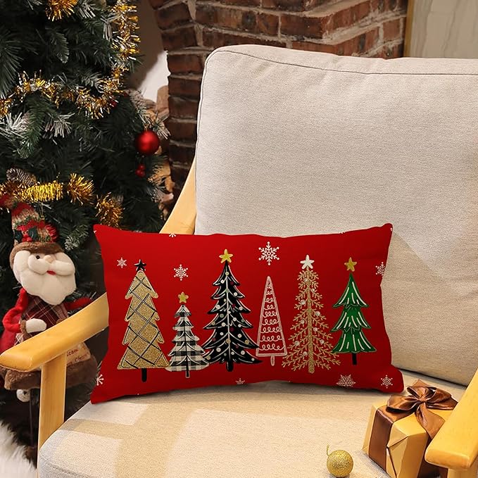 Christmas Pillow Cover 12X20 Inch Red Green Christmas Tree Stars Decoration Holiday Farmhouse Winter Pillow Case for Sofa Couch Decor
