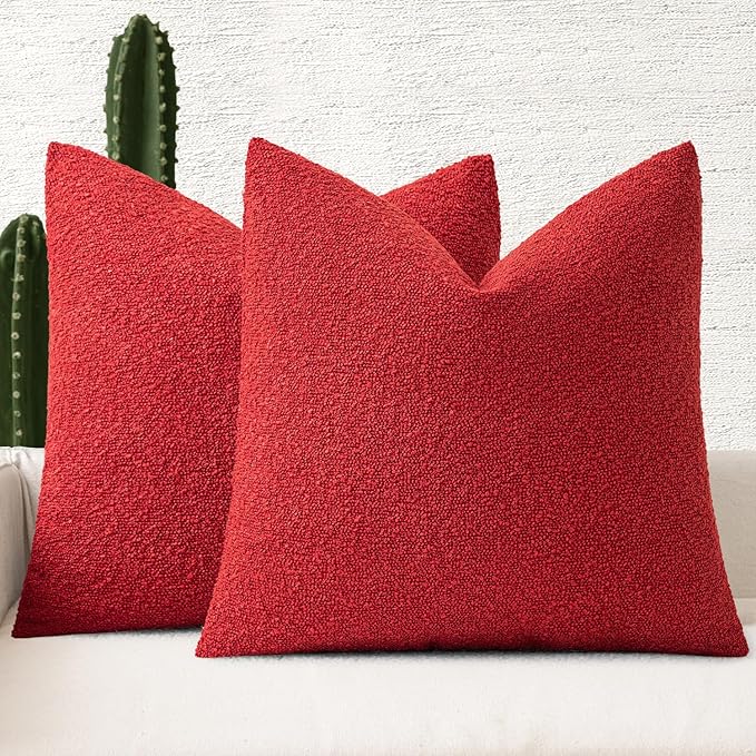 MIULEE 18x18 Inch Decorative Pillow Covers for Couch Bed Set of 2 Textured Boucle Neutral Throw Pillows Red Accent Solid Cushion Pillowcase Cozy Soft Sofa Livingroom Home Decor