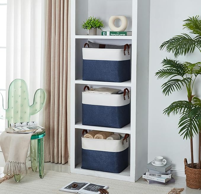 DECOMOMO Fabric Storage Basket Large Closet Storage Bins for Toys Nursery & Laundry Storage (Navy Blue & White, XXL - 3 Pack)