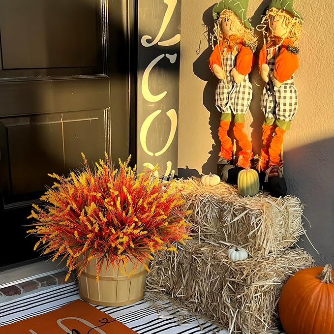 Artificial Fake Plants Flowers for Outdoors Fall Decor, 12 Bundles Fall Leaves Faux Lavender Flowers for Autumn Decoration, Fake Shrubs UV Resistant Planter No Fade for Garden Porch Balcony(Brown)