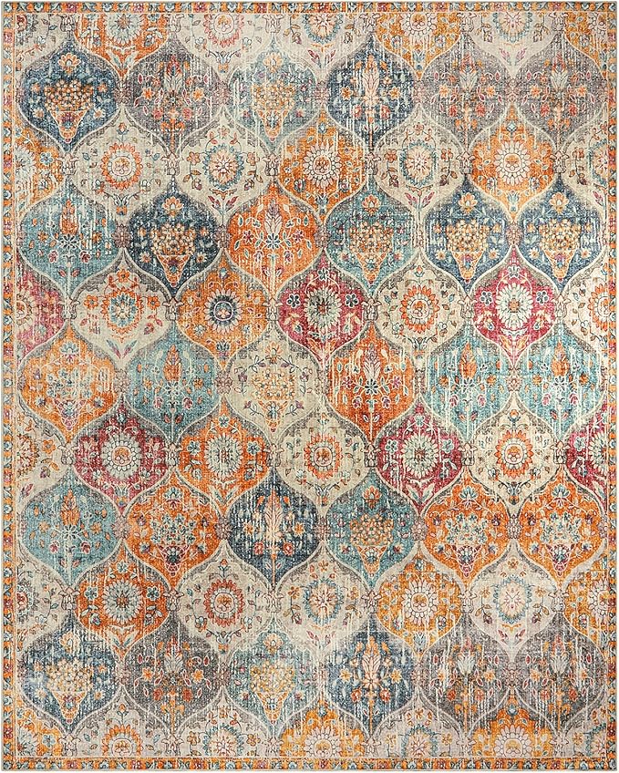 Lahome Moroccan Washable Area Rugs 8x10, 8x10 Rugs for Living Room Bedroom, Ultra-Thin Oriental Non-Slip Foldable Non Shedding Accent Large Carpet for Office Dining Room, Cream/Multi