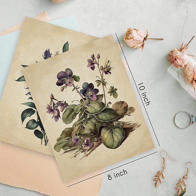 HRQKO Vintage Botanical Purple Flower Wall Art Poster Prints Set of 4, Floral Wall Decor, Wildflower Artwork Printing Wall Decor, Retro Floral Wall Art Prints for Living Room Bedroom 8”x10” Unframed