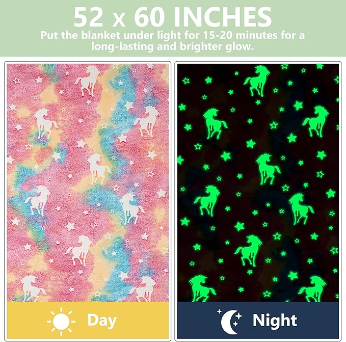 Unicorn Glow in The Dark Wearable Blanket for Girls- Soft Warm 52"X60" Sherpa Fleece Unicorn Gifts for Girls Age 8-10, 6-8, 4-6, Hooded Throw Blanket Gift for Kids
