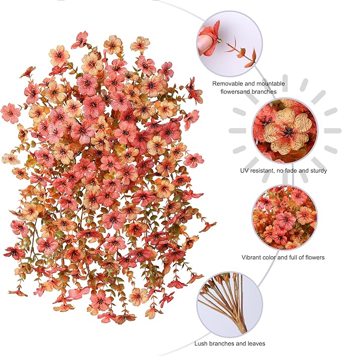 Artificial Flowers for Outdoors Fall Decoration, 2Pcs Fall Orange Yellow Hanging Flowers with Autumn Eucalyptus Leaves Faux Silk Flower Decor for Home Porch Patio Balcony Planter Yard