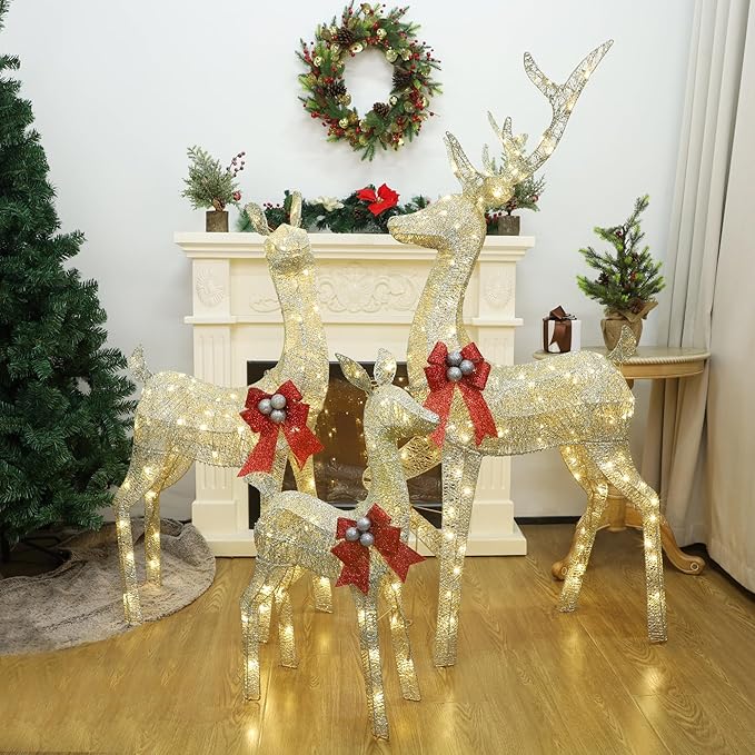 winemana 3 Pcs Christmas Reindeer Decorations Outdoor, Lighted Large Deer Yard Decor Light up 3D Deer Family Set for Outside Indoor Lawn Garden Xmas Holiday Party (Gold)
