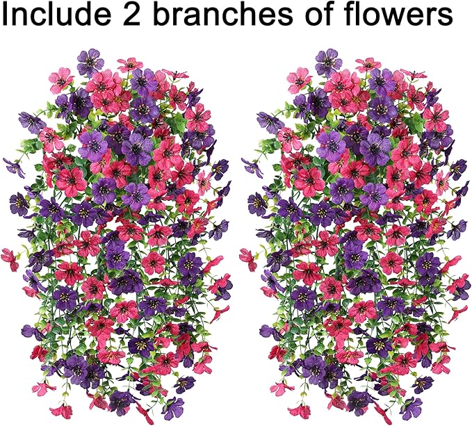Artificial Flowers for Outdoors Decoration, 2Pcs Fake Hanging Spring Summer Decor, Purple and Hotpink Realistic Plants, UV & Fading Resistant Silk Flower for Porch Patio Balcony Planter Yard