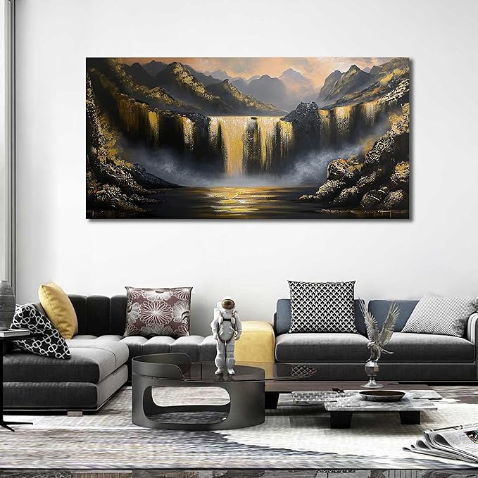 Waterfall Hand Painted Oil Painting On Canvas For Living Room - Black White and Gold Wall Decor For Bedroom - Huge Canvas Wall Art For Office Size 36 x 72 Inch