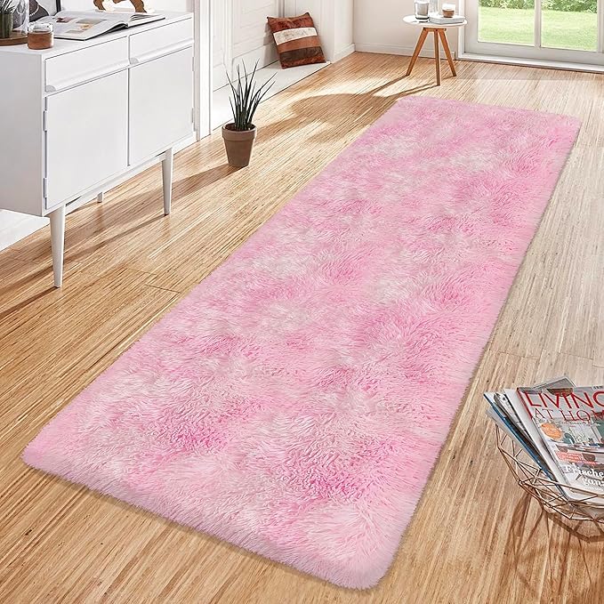 Super Soft Fluffy Living Room Area Rug 2x6 ft Tie-Dyed Light Pink Shaggy Furry Carpet Washable Non-Slip Floor Rugs Bedroom Bedside Nursery Kawaii Rug Fuzzy Girls Dorm Home Decor Aesthetic