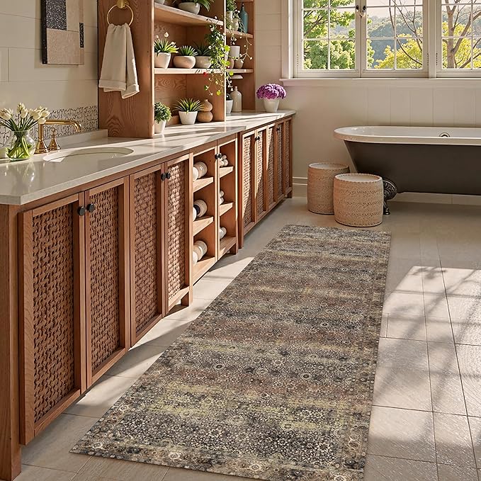 Washable Area Rug 2'6'' x 8' Vintage Traditional Persian Mat - Foldable Distressed Non-Slip Machine Washable Carpet for Living Room Bedroom Kitchen Home Decor - Umber and Slate