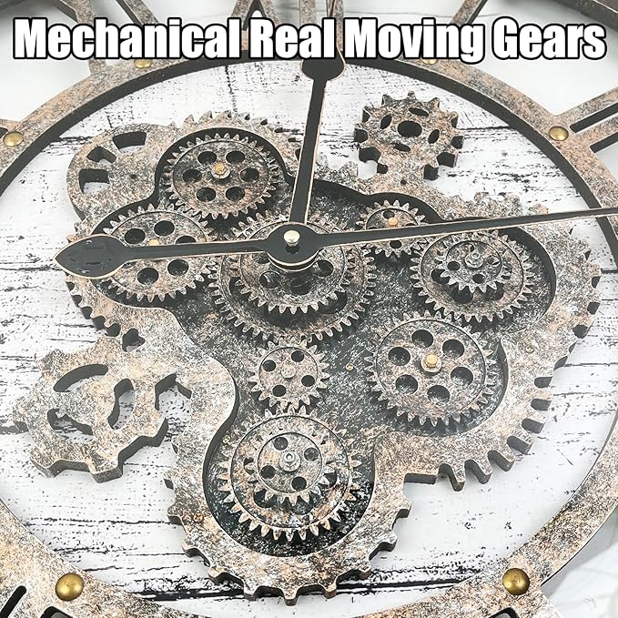 DORBOKER 24" Large Wall Clock with Moving Gears,Oversize Vintage Industrial Rustic Farmhouse Clocks for Living Room Decor Office Home,Solid Wood HD Tempered Glass Cover,White Grey